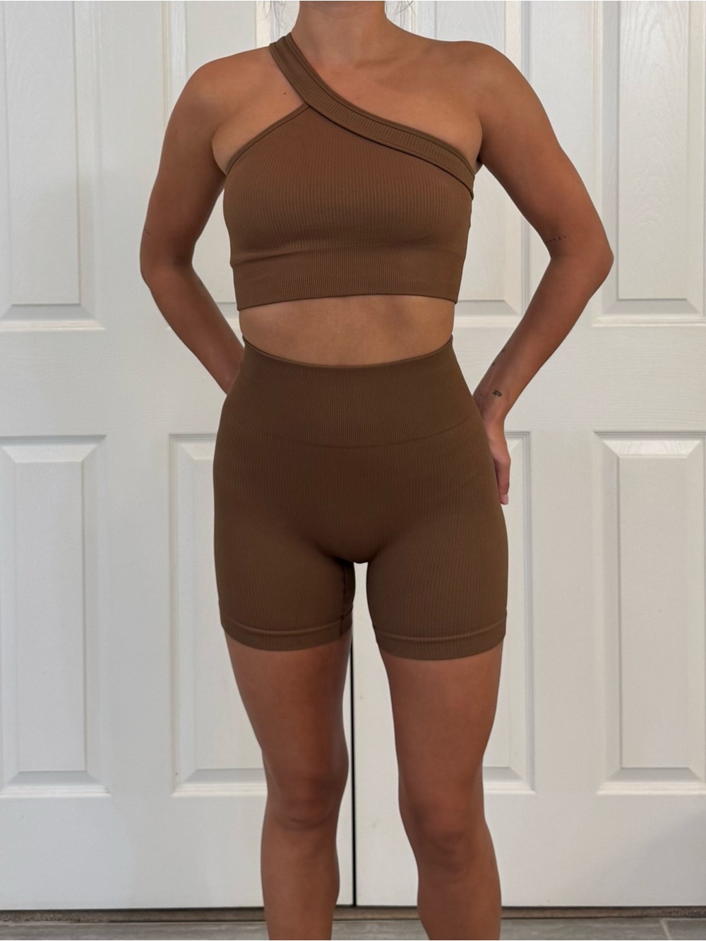 OQQ Brown Ribbed 3 Piece Athleisure Set